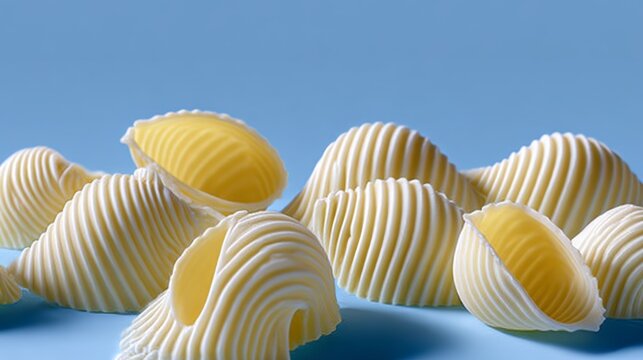 Pile of pasta shells with one shell open. The shells are white and have a yellow center. Concept of abundance and indulgence, as the pasta shells are piled high