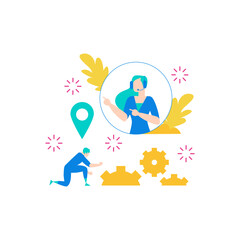 Customer service representative with headset and man working with gears isolated on transparent background