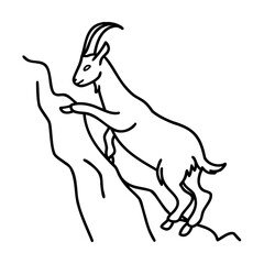 Black line art goat climbing rock face on white background
