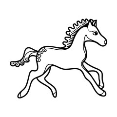 Black and white line art illustration of a running horse on white background