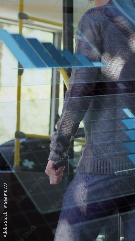 Poster animation of scope scanning and data processing over diverse people in bus