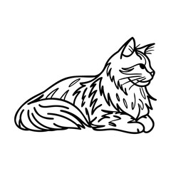 Black and white line art illustration of a resting cat on white background