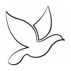 Black outline drawing of a flying dove on a white background