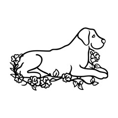 Black line art dog lying with floral elements on white background