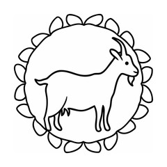 Black and white goat illustration inside a decorative floral border