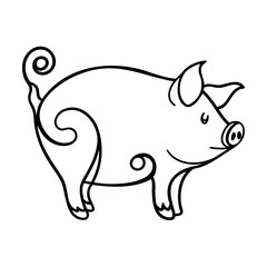 Black and white pig illustration with decorative swirls and curly tail