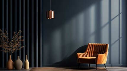 Modern room interior with a velvet armchair and potted plants.