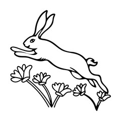 Black and white line art illustration of a jumping rabbit and flowers