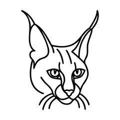 Black Line Art Caracal Cat Head on White Background