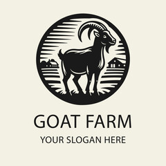 Black and white flat vector illustration of a goat farm logo. A goat standing in front of a farmhouse. Minimal silhouette style. Ideal for organic farming and dairy branding.