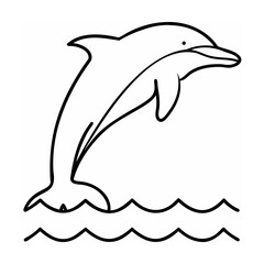 Black and white line art dolphin jumping over waves