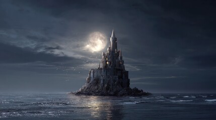 Mysterious castle on moonlit island