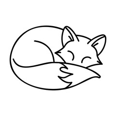Black and white one-line art illustration of a curled up sleeping fox on white background
