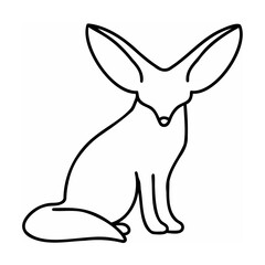 Black Line Art Fennec Fox Sitting with Large Ears on White Background