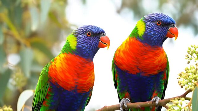 A close-up shot of a couple rainbow lorikeets in 4k video, two parrots on a branch