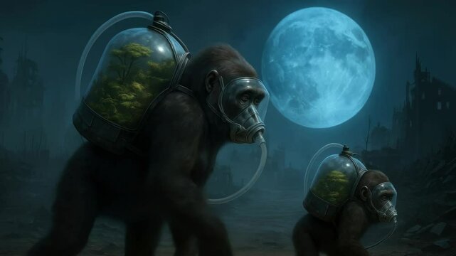 Surreal video concept of gorillas with biosphere helmets under a full moon. Low-angle shot enhances the futuristic, dystopian atmosphere. Live desktop wallpaper.