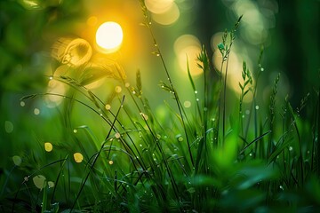 Premium Quality Image of Green Grass in Summer Forest at Sunset with Bokeh