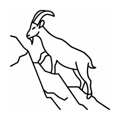 Black line art goat climbing rocky mountain side on white background