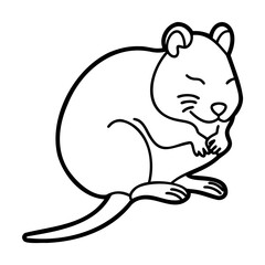 Black and white line art illustration of a happy rat on white background