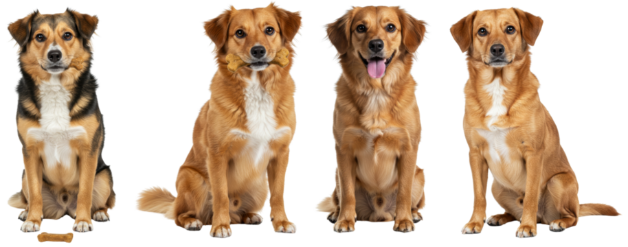 Four dogs sitting in sequence with different expressions on white background  