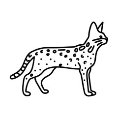 Black outline illustration of a serval cat with spotted fur on white background
