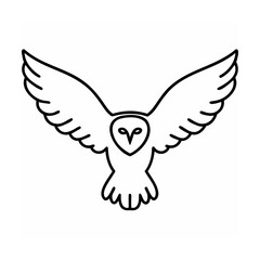 Black outline illustration of a flying owl with spread wings on white background