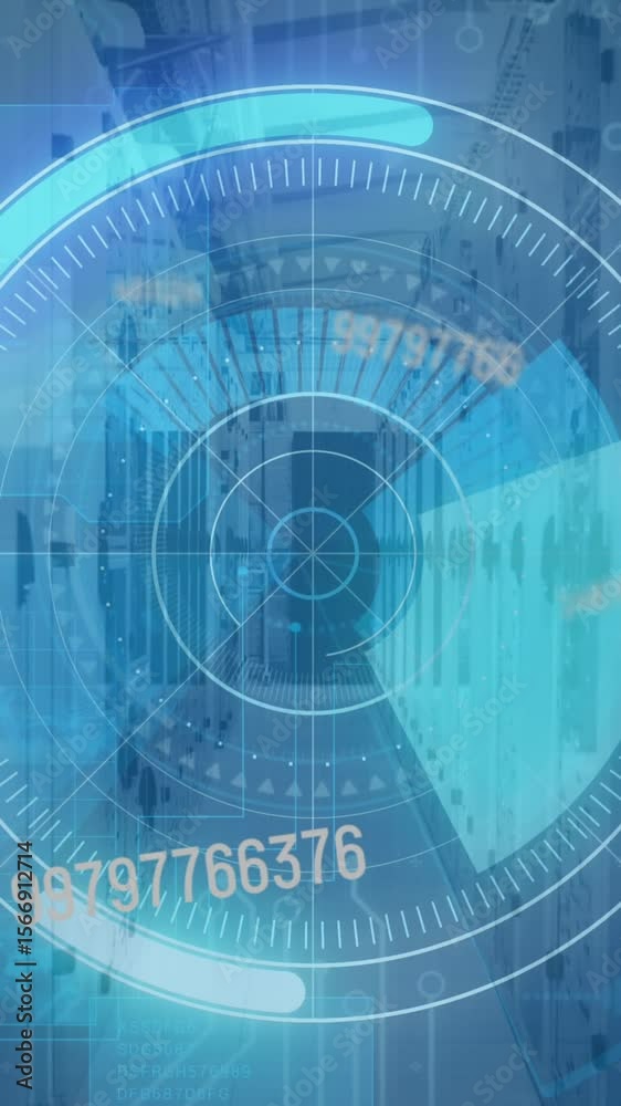 Poster animation of digital data processing and digital interface and grid over blue background
