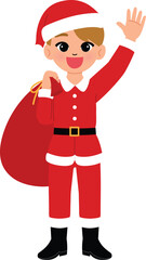happy kid character raise hand, smile boy cartoon wear Santa Claus costume carry red sack with gift inside illustration