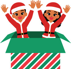 happy black children character jump out from  giant christmas gift box, smile girl and boy cartoon wear elf costume surprise in joy illustration 