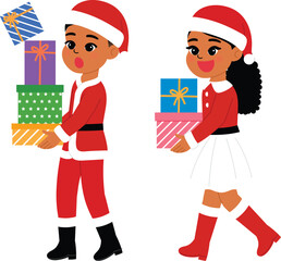happy black children character hold stack of christmas gift, smile boy and girl cartoon wear Santa Claus costume with festive present illustration