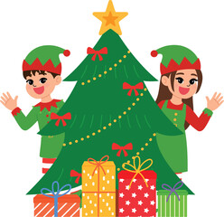 happy children character surprise in joy from christmas tree, smile girl and boy cartoon wear elf costume surprise and greeting for christmas illustration