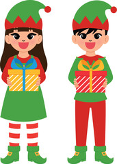 happy children character hold christmas gift, smile girl and boy cartoon wear elf costume with present illustration