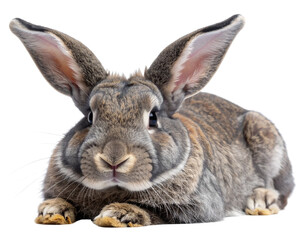 Obraz premium Gray Rabbit Lying Down Relaxed with Head Resting on Paws, isolated on a transparent background