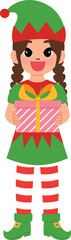 happy kid character hold a gift, smile girl cartoon wear elf costume with christmas present illustration