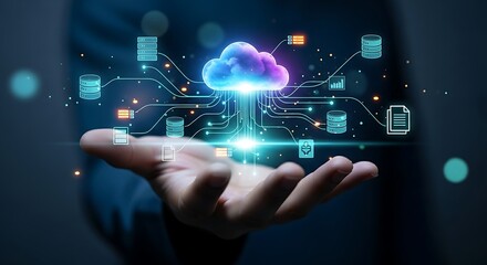 Fototapeta premium Cloud computing technology concept. Hand holds a glowing cloud hologram with data connections, representing cloud storage, SaaS, and digital transformation.