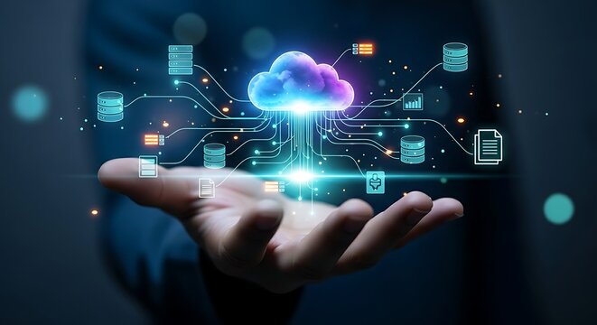 Cloud computing technology concept. Hand holds a glowing cloud hologram with data connections, representing cloud storage, SaaS, and digital transformation. - Powered by Adobe