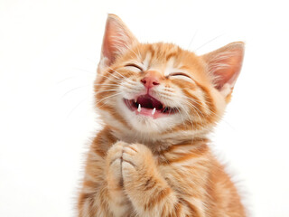 Close up of a ginger tabby kitten with eyes closed and paws together on a plain white background