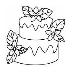 Two-tiered cake illustration with flowers and leaves in black outline on white background