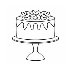 Black and white line art cake with flowers on a cake stand