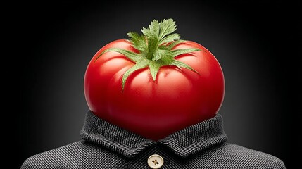 Tomato is placed on top of a man's head. The image is a creative and playful take on the classic fruit. The tomato's placement on the man's head adds a humorous and unexpected twist to the scene