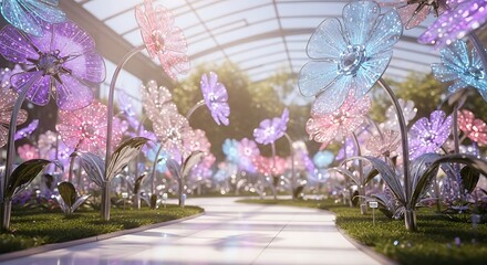 A pathway leads through a garden filled with oversized, sparkling, pastel-colored flower sculptures under a glass roof.