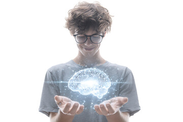 Young man cradles a glowing holographic brain, representing intelligence and technology.