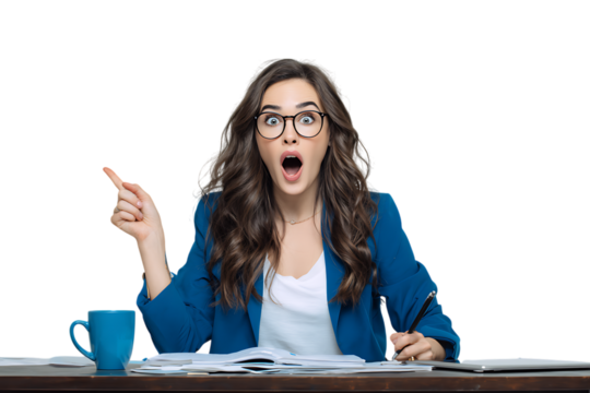 Surprised businesswoman pointing at something.