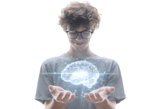 Young man cradles a glowing holographic brain, representing intelligence and technology.