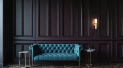 Teal tufted sofa in a dark paneled room.