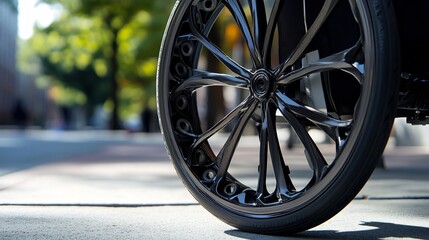 Close up of a wheelchair wheel on a smooth urban sidewalk showing its durable lightweight design The wheel is well crafted for easy movement and accessibility in modern city life