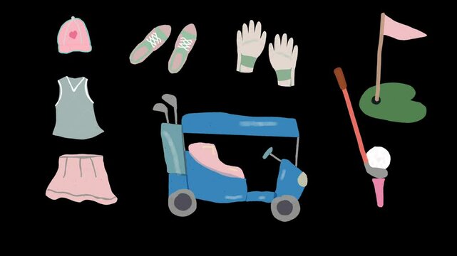 Cute animated golf gear and accessories for women illustrated in soft pastel style
