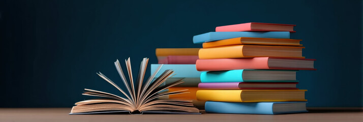 Fototapeta premium Colorful Hardcover Books Stacked Beside Open Book on Wooden Table in Front of Blue Background