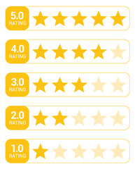 1- 5-star icon. symbol of customers rating for product or service. yellow five-star sign with text for app, website, ui design element. Vector illustration.