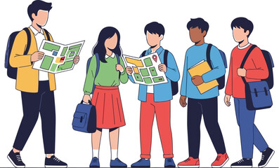 Group of students with maps planning a trip school excursion illustration